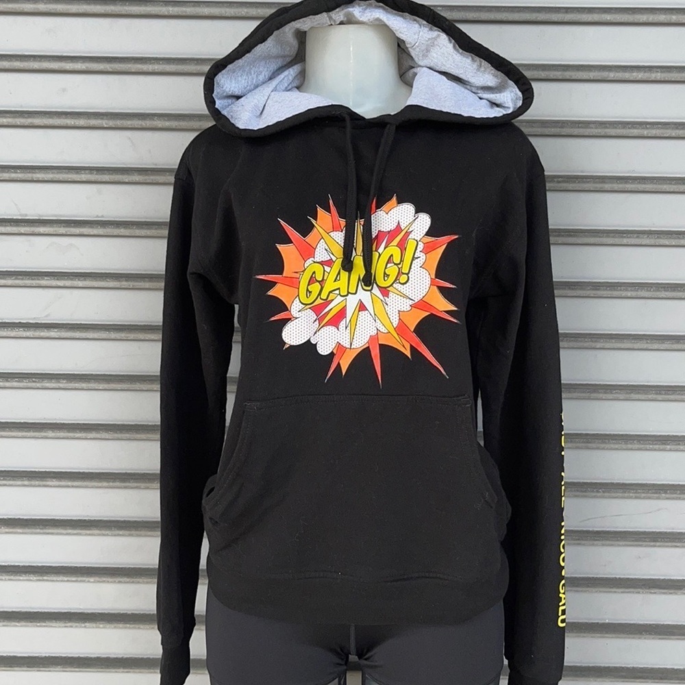 Vintage Y2K Pop Art Comic Book Explosion GANG! Black Graphic Hoodie Size Small S